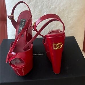 Dolce & Gabbana Red Patent Slingback Peep-Toe Platform Heels